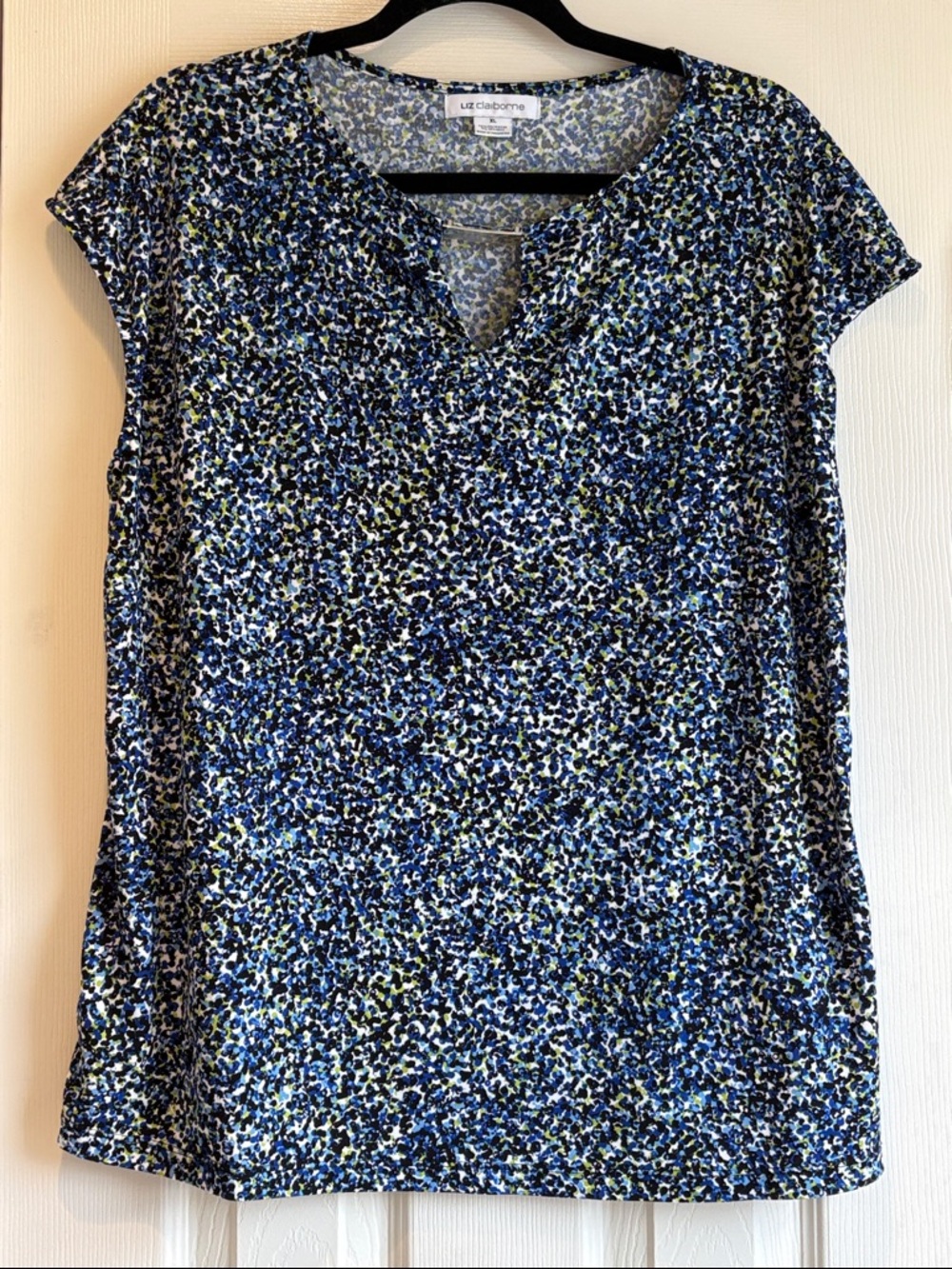 Liz Claiborne | Blue Green White Black Dotted Patterned Top Blouse Size XL